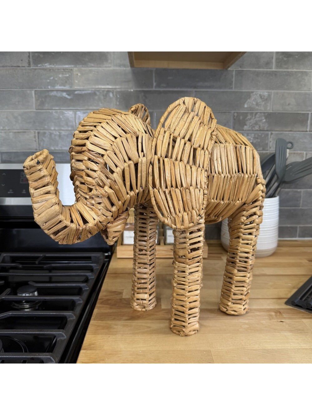 MCM 15” Woven Wicker Elephant Statue Decor Vintage Handmade Safari